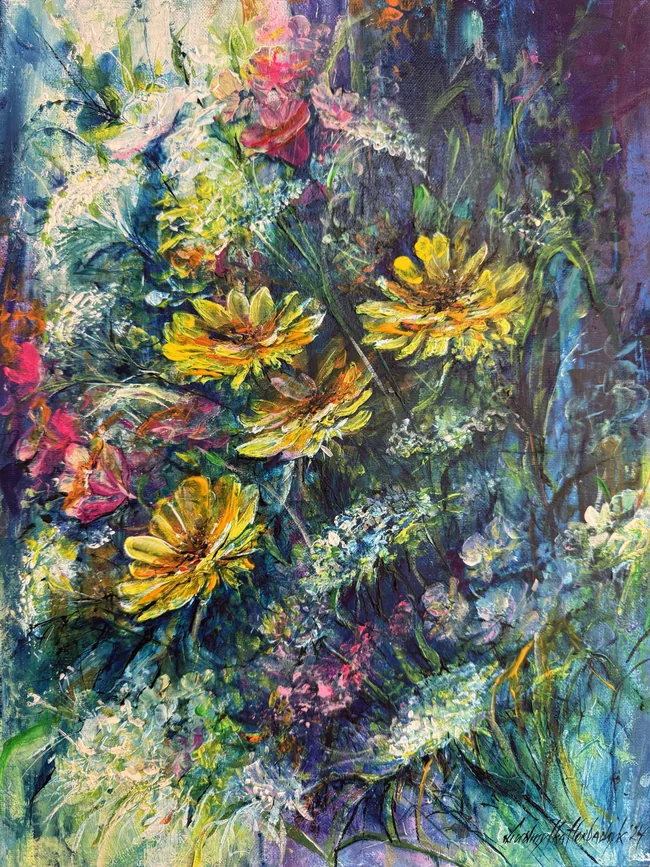 Yellow flowers rise from a deep blue-green field of stems and layered marks, with white, magenta, and violet accents scattered across the surface.
