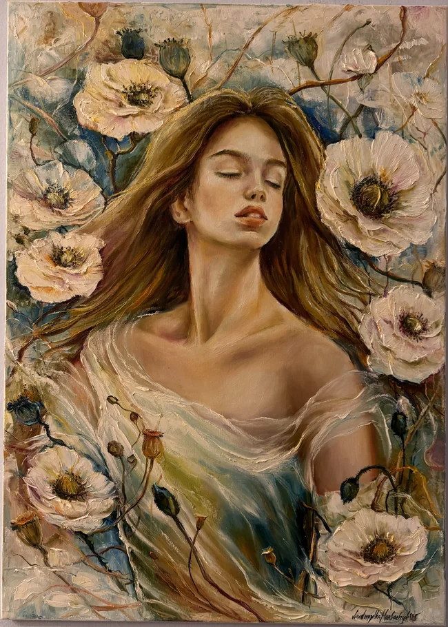 A young woman with closed eyes is surrounded by pale blossoms and seed heads, with flowing hair and raised strokes across the petals.