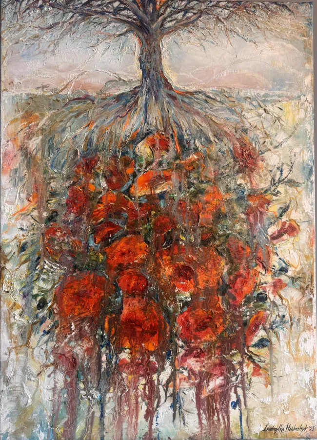 A tree spreads across the upper canvas while branching roots descend into a dense field of red blossoms, loose marks, and pale space.